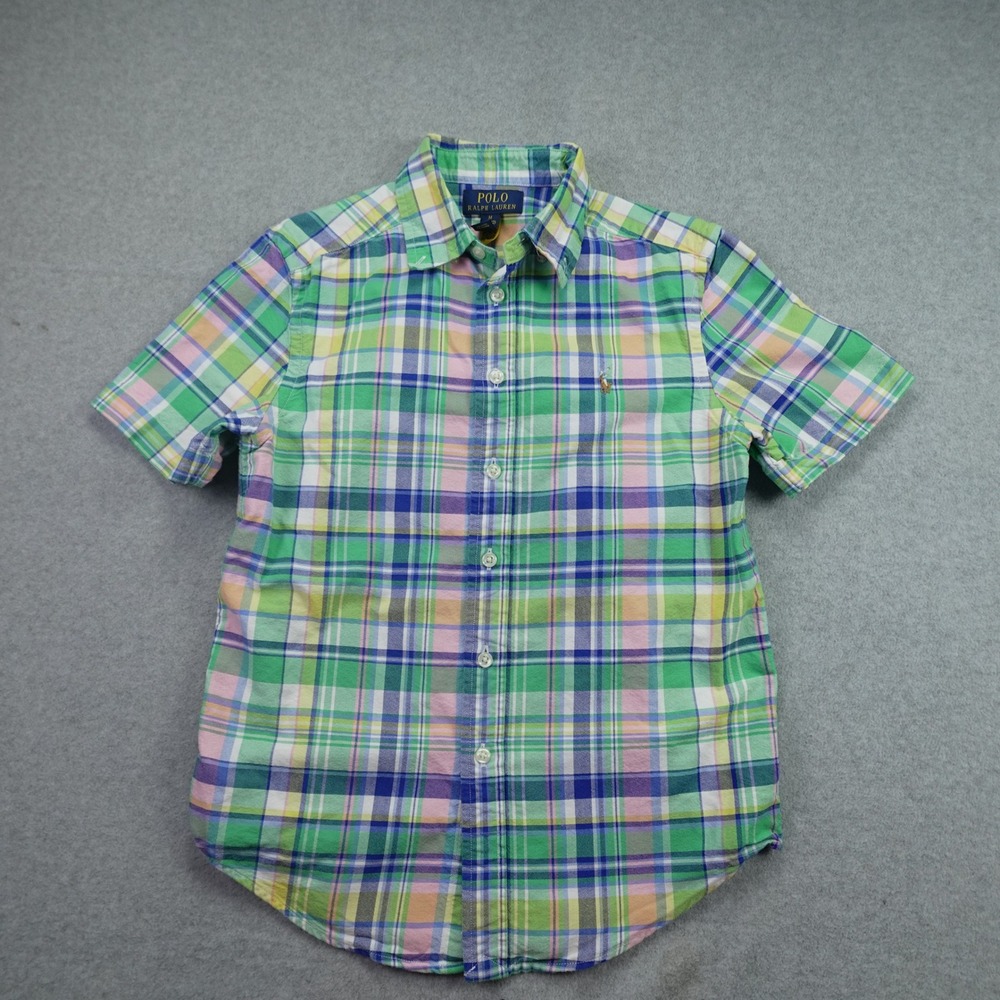 Polo Ralph Lauren Shirt Boys M 10-12 Green Plaid Short Sleeve Button Down